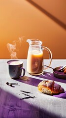 Cozy breakfast setting with vanilla-infused kefir, pastries, and steaming coffee