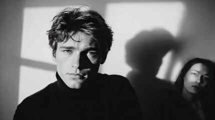 Moody Monochrome Portrait with Dramatic Shadows and Intense Expressions