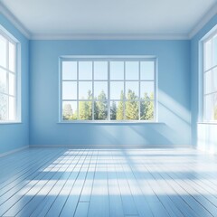 Obraz premium Sunlit empty room with blue walls, white trim, and wooden floor; large window reveals a tree-filled landscape