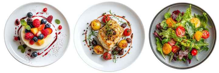 A set of restaurant dishes: main course, salad and dessert, isolated on a transparent background PNG