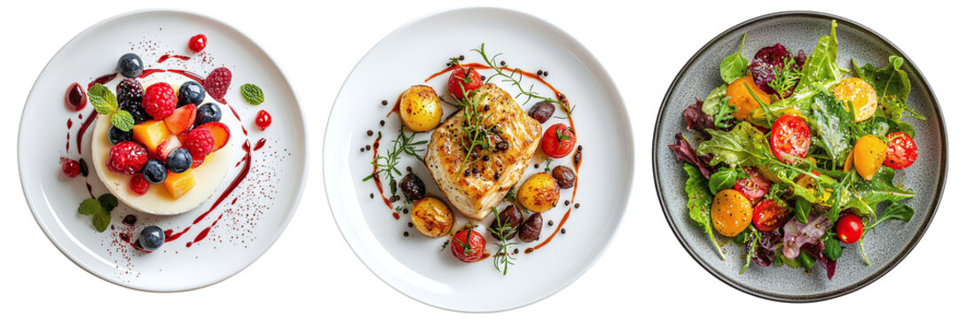 A set of restaurant dishes: main course, salad and dessert, isolated on a transparent background PNG - Powered by Adobe