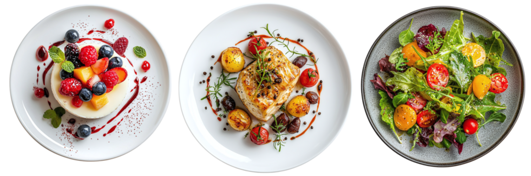 A set of restaurant dishes: main course, salad and dessert, isolated on a transparent background PNG - Powered by Adobe