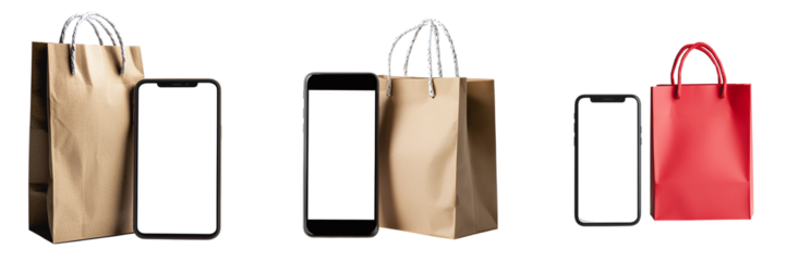 Smartphone mockup near paper shopping bag isolated on transparent background, PNG set