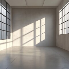 Minimalist room with large windows and sunlight streaming in