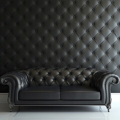 Luxurious black leather chesterfield sofa against a tufted wall