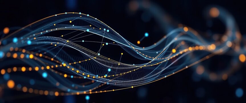 AI Learning Tools virtual classroom concepts. Abstract digital waves of glowing lines and dots, representing data flow or network connectivity on a dark background.