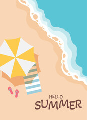 Hello summer poster for summer design, Sea coast, landscape. Sea beach with sun umbrella, towel, sandals vector illustration.
