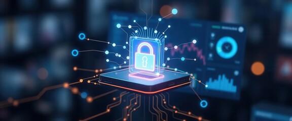 Obraz premium AI Learning Tools virtual classroom concepts. A digital padlock symbolizes cybersecurity and data protection, surrounded by circuits and digital interfaces in a futuristic setting.