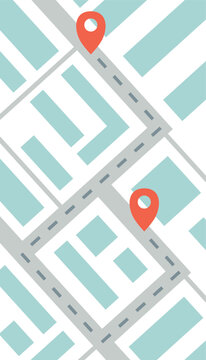 каMinimalistic city map, route and GPS navigation with red destination markers on the screen. Abstract cityscape showing the way to move around the city. Vector illustration.рта