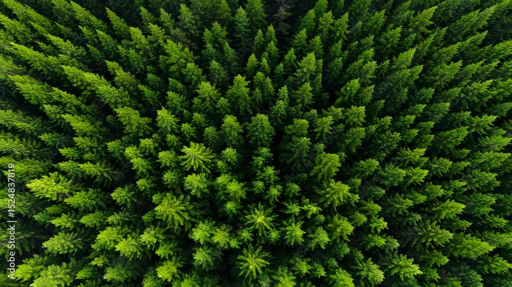Poster aerial top view of a dense green coniferous forest creating natural patterns emphasizing environment