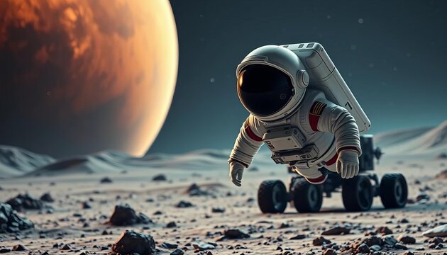 A young astronaut floats in space near a rover exploring an alien planet,   astronomy,  discovery - Powered by Adobe