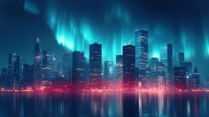 Futuristic city skyline at night with aurora borealis