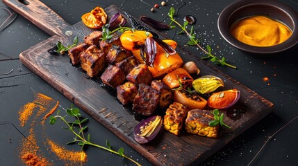 Crispy tempeh with roasted vegetables on rustic wooden board featuring moody lighting