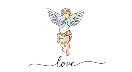 Line art illustration of an angel with pastel colors and 'love' text
