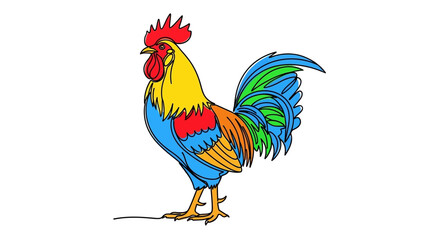 Colorful Rooster Illustration with Bold Outlines and Vibrant Feathers