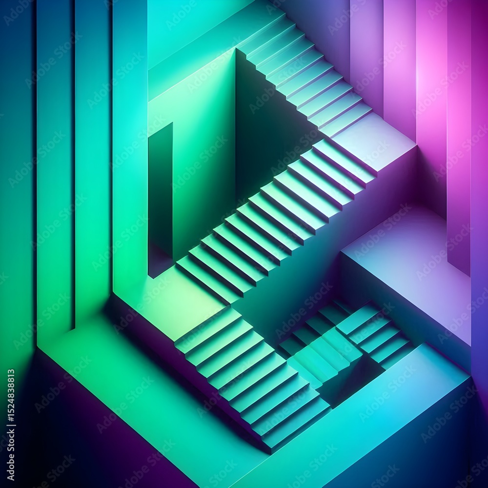 Poster futuristic stairs in vivid gradient colors, sharp angles and minimal background for creative archite