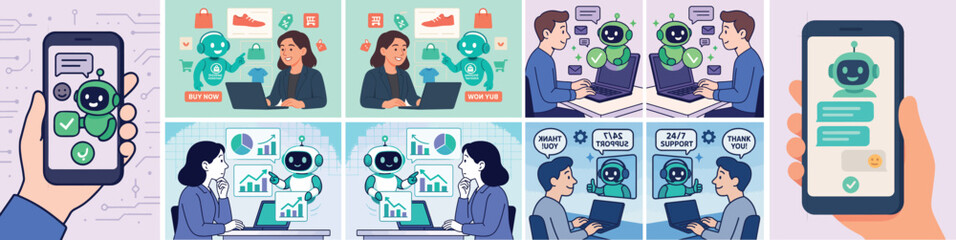 Search concept bundle. Character using artificial intelligence generative tools for searching or browsing internet. Woman integrating with robot. SEO concept. Vector illustration