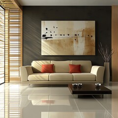 Modern living room with beige sofa, artwork, and sleek coffee table. Sunlight streams through wooden blinds