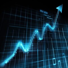 Glowing blue line graph shows upward trend, signifying growth and progress in a dark gridded background