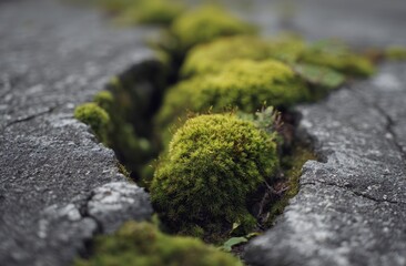 Moss growing between cracked paving stone