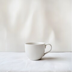 Obraz premium A simple, off-white ceramic mug sits on a white surface, subtly textured fabric beneath it. Soft, diffused light creates shadows on the backdrop