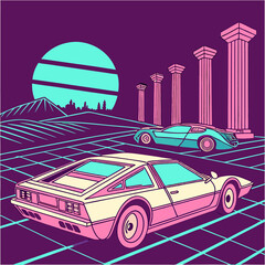 A sleek, futuristic sports car drives down a neon-lit city street, showcasing a vibrant, retro-futuristic aesthetic.