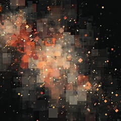 Obraz premium Abstract cosmic scene with pixelated stars and nebulae in warm hues against a dark background