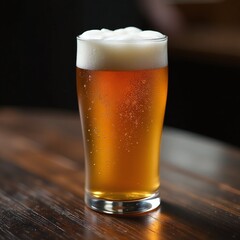 Beer glass with thick foam crown and bubbles, Rich amber drink on dark wooden table, Moody lighting and realistic surface texture, Warm tones for rustic setting