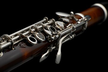 Obraz premium A gleaming oboe’s intricate keys dance like tiny musicians on polished wood stage.