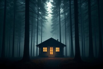 A lone cabin glows warmly in a dark, mysterious forest, shrouded in fog.