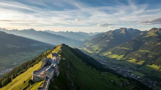 Ehrenberg Castle Ruins atop Green Mountain Ridge at Sunset with Rolling Hills and Distant Village in the Valley Under Blue Sky