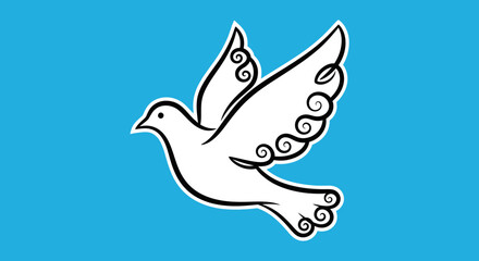 Stylized white dove with black outline, ornate wing details
