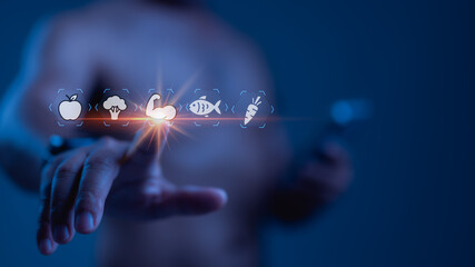 Interacting With Futuristic Digital Interface, Hand Selects Glowing Bicep Muscle Icon, Symbolizing...