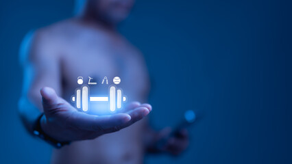 Hand Holding Glowing Digital Fitness Icons Prominent Dumbbell, Medicine Ball, And Sports Ball Technological Light On Dark Background For Data driven Fitness