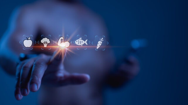 Interacting With Futuristic Digital Interface, Hand Selects Glowing Bicep Muscle Icon, Symbolizing Personalized Wellness For Holistic Health, Fitness, And Nutrition Goals - Powered by Adobe