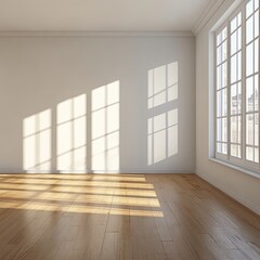 Sunlight streams into an empty room, illuminating hardwood floors and a blank wall.  The large window offers a view of distant buildings