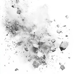 A grayscale image depicting a cloud of pulverized stone and dust, fragments scattered against a stark white background, suggesting destruction or disintegration