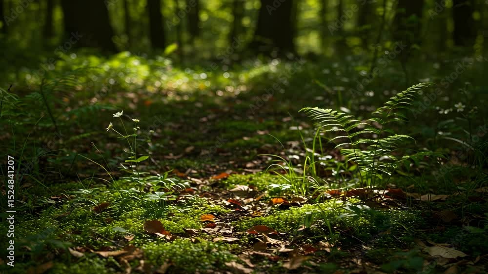 Poster lush green forest floor with sunlight filtering through dense trees illuminating moss and ferns crea