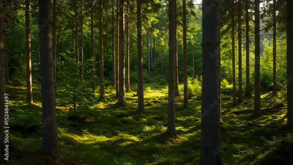 Poster lush green forest with sunlight streaming through the trees creating a tranquil scene in a natural e
