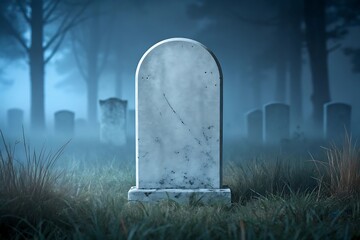 A single, blank headstone stands in a foggy graveyard at night, surrounded by other tombstones and tall grass