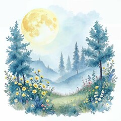 Whimsical Watercolor Moonlit Garden Scene