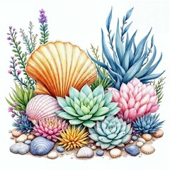 Coastal Garden Watercolor Clipart with Seashells and Succulents