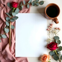 Elegant White Paper Mockup with Roses, Eucalyptus, and Coffee &ndash; A Scene of Creative Inspiration