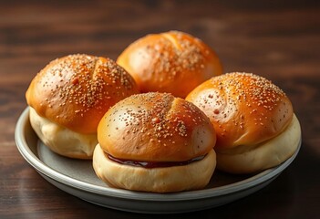 Crispy pan-fried buns, golden brown crust, juicy interior,  delicious,  photography