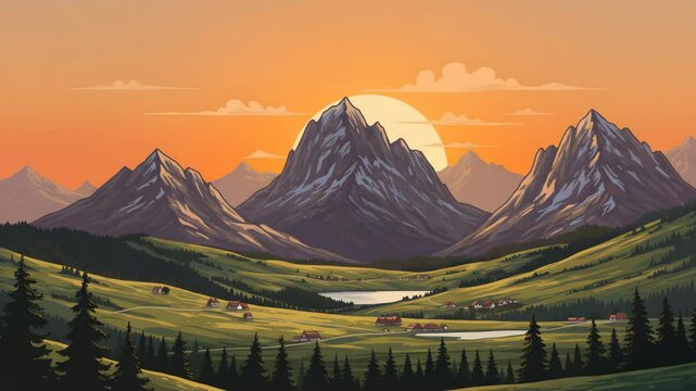 Pixel Art Landscape of a Green Valley with Mountains Village and a Sunset Lake With Pine Trees And Lush Foliage