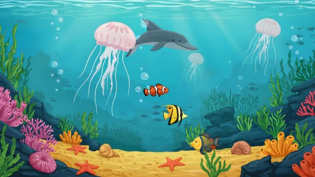 Pixel Art Underwater Scene with Clownfish Jellyfish and Dolphin among Coral Reefs with a Sandy Sea Floor