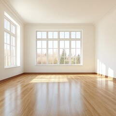 Bright, empty room with large windows and hardwood floor, sunlight streaming in