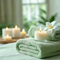 Tranquil Spa Setting with Soft Green Towels, White Candle, and Orchids