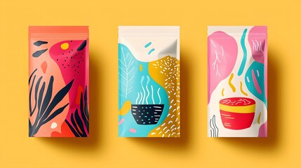33. Shelf-stable soup pouches with bold, colorful illustrations in vertical shot