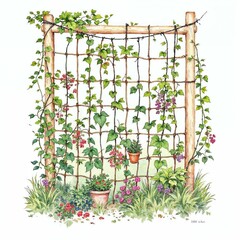 Watercolor Clipart of Climbing Plants Tied to Trellises on White Background